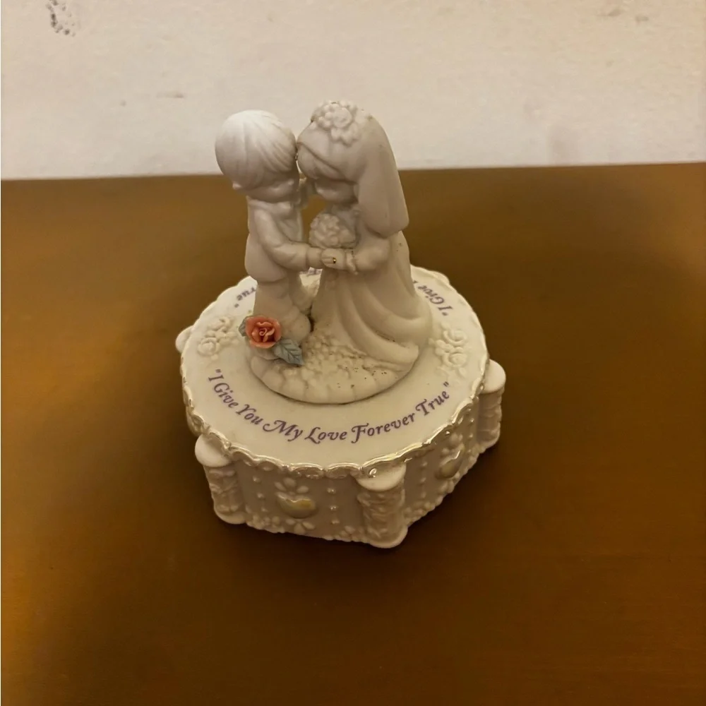 Precious Moments White Wedding Cake Topper with Pink Rose Accent